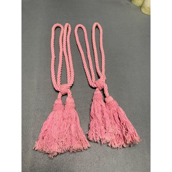 Pair Of Pink Twisted Rope Curtain Tiebacks with Tassels 18" Long Set of 2 - Picture 12 of 12